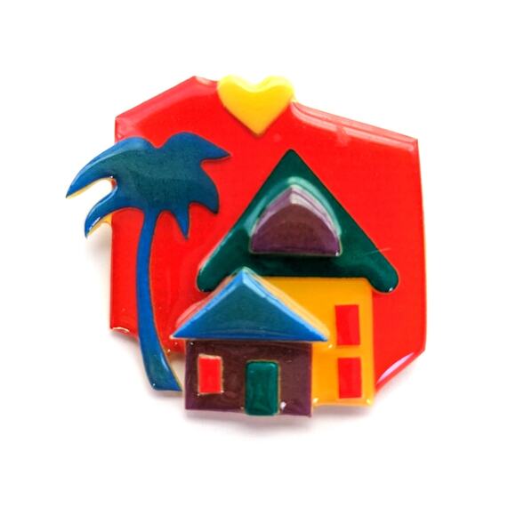 Vintage House Pins By Lucinda Collectible Summer Palm Tree Love Heart House Pin - Picture 1 of 3